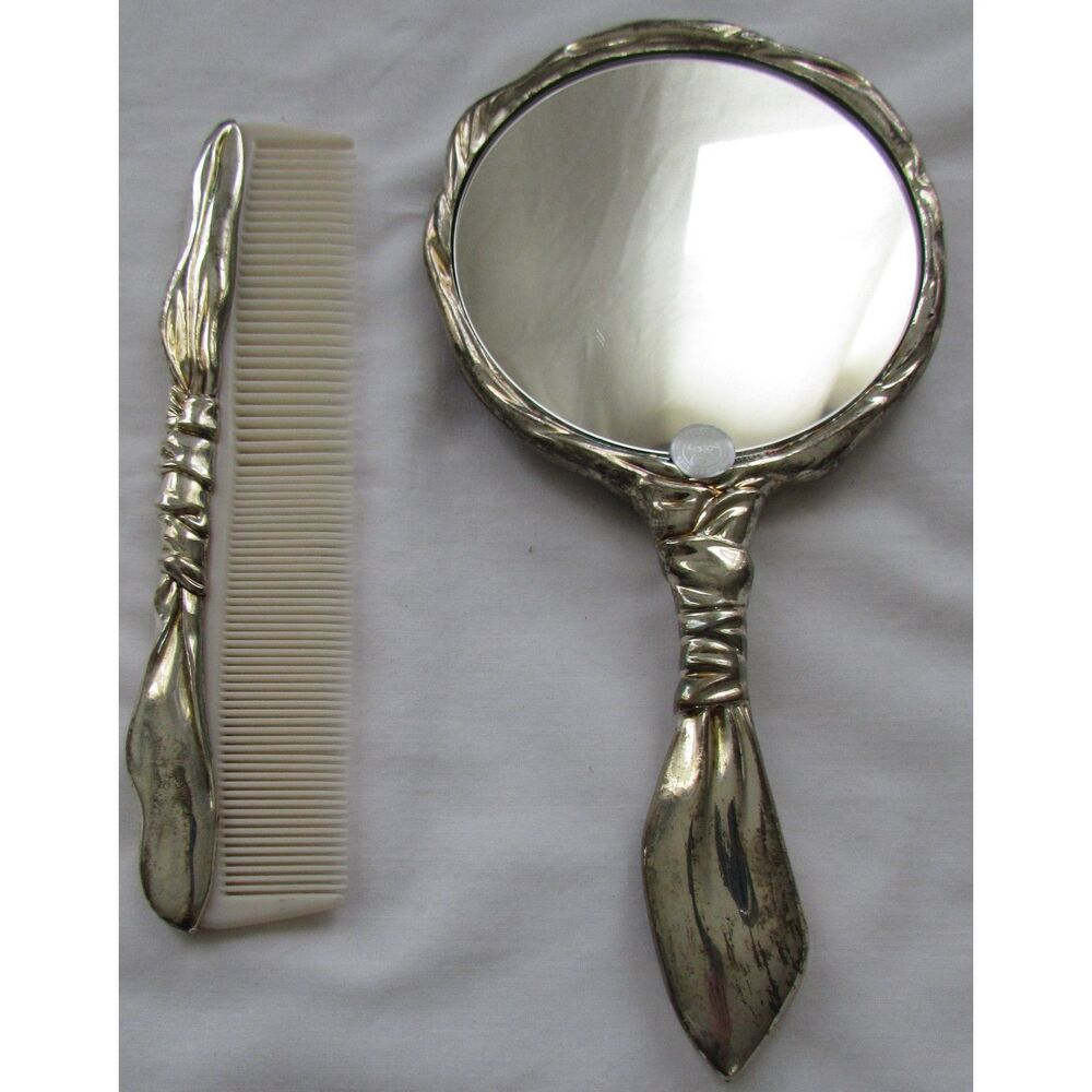 Art Nouveau Metal Silver hand mirror and comb set vintage Godinger Silver Art Co